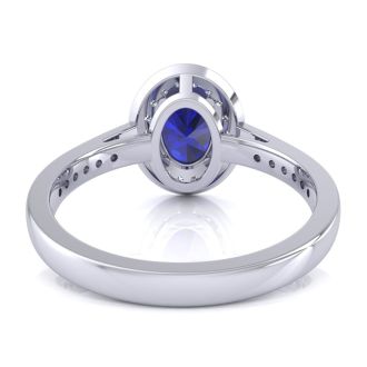 1 3/4 Carat Oval Shape Sapphire and Halo Diamond Ring In 14 Karat White Gold