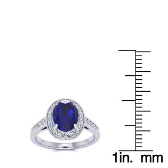 1 3/4 Carat Oval Shape Sapphire and Halo Diamond Ring In 14 Karat White Gold