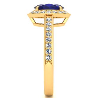 1 3/4 Carat Oval Shape Sapphire and Halo Diamond Ring In 14 Karat Yellow Gold