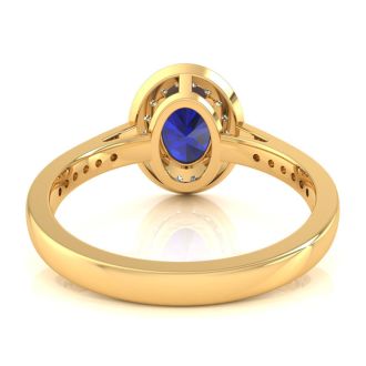1 3/4 Carat Oval Shape Sapphire and Halo Diamond Ring In 14 Karat Yellow Gold