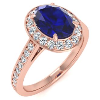 1 3/4 Carat Oval Shape Sapphire and Halo Diamond Ring In 14 Karat Rose Gold