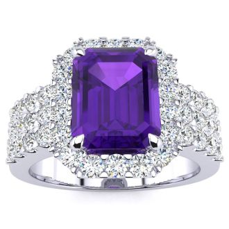 3 Carat Amethyst and Halo Diamond Ring In 14 Karat White Gold