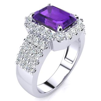 3 Carat Amethyst and Halo Diamond Ring In 14 Karat White Gold