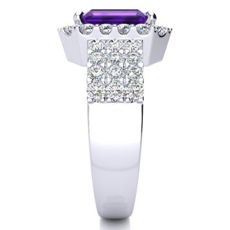 3 Carat Amethyst and Halo Diamond Ring In 14 Karat White Gold