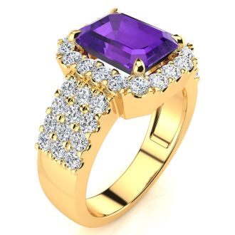 3 Carat Amethyst and Halo Diamond Ring In 14 Karat Yellow Gold