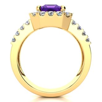 3 Carat Amethyst and Halo Diamond Ring In 14 Karat Yellow Gold