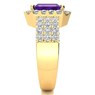 3 Carat Amethyst and Halo Diamond Ring In 14 Karat Yellow Gold