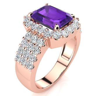 3 Carat Amethyst and Halo Diamond Ring In 14 Karat Rose Gold