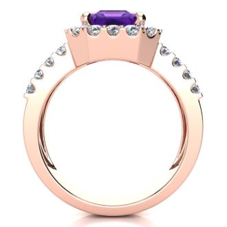 3 Carat Amethyst and Halo Diamond Ring In 14 Karat Rose Gold