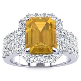 3 Carat Citrine and Halo Diamond Ring In 14 Karat White Gold