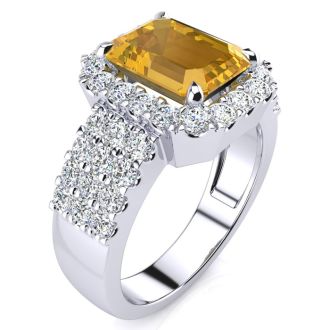 3 Carat Citrine and Halo Diamond Ring In 14 Karat White Gold