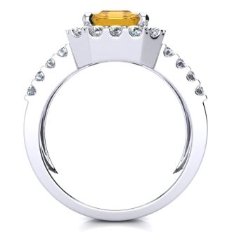 3 Carat Citrine and Halo Diamond Ring In 14 Karat White Gold