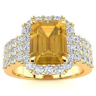 3 Carat Citrine and Halo Diamond Ring In 14 Karat Yellow Gold