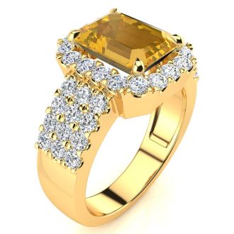 3 Carat Citrine and Halo Diamond Ring In 14 Karat Yellow Gold