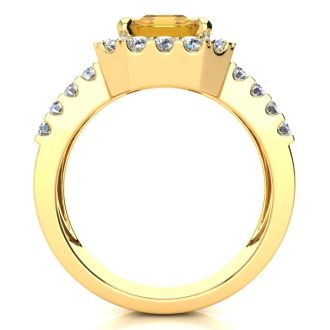 3 Carat Citrine and Halo Diamond Ring In 14 Karat Yellow Gold