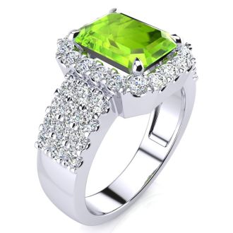 3 1/2 Carat Peridot and Halo Diamond Ring In 14 Karat White Gold