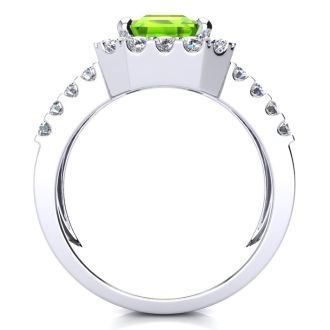 3 1/2 Carat Peridot and Halo Diamond Ring In 14 Karat White Gold