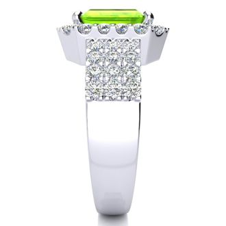 3 1/2 Carat Peridot and Halo Diamond Ring In 14 Karat White Gold