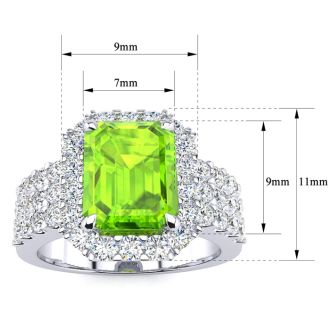 3 1/2 Carat Peridot and Halo Diamond Ring In 14 Karat White Gold