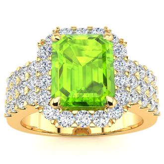 3 1/2 Carat Peridot and Halo Diamond Ring In 14 Karat Yellow Gold