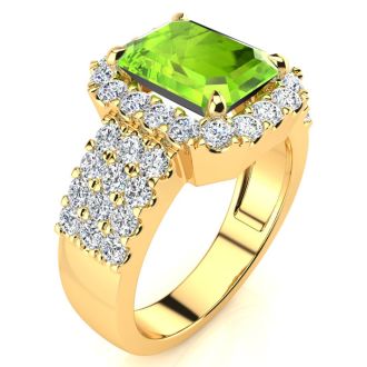 3 1/2 Carat Peridot and Halo Diamond Ring In 14 Karat Yellow Gold