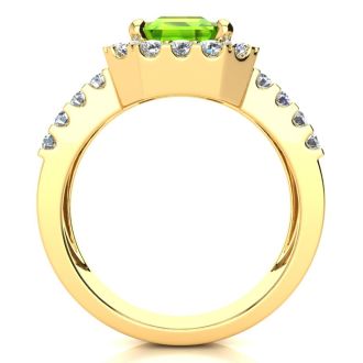3 1/2 Carat Peridot and Halo Diamond Ring In 14 Karat Yellow Gold