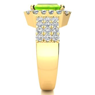 3 1/2 Carat Peridot and Halo Diamond Ring In 14 Karat Yellow Gold