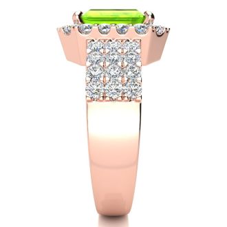 3 1/2 Carat Peridot and Halo Diamond Ring In 14 Karat Rose Gold