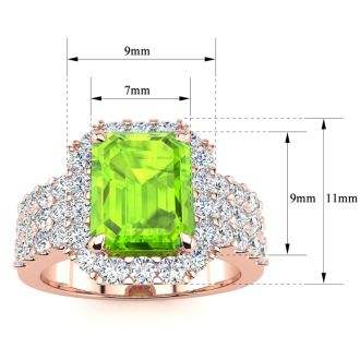 3 1/2 Carat Peridot and Halo Diamond Ring In 14 Karat Rose Gold