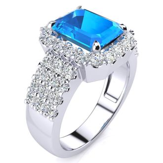 3 3/4 Carat Blue Topaz and Halo Diamond Ring In 14 Karat White Gold