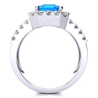 3 3/4 Carat Blue Topaz and Halo Diamond Ring In 14 Karat White Gold