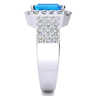 3 3/4 Carat Blue Topaz and Halo Diamond Ring In 14 Karat White Gold