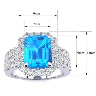 3 3/4 Carat Blue Topaz and Halo Diamond Ring In 14 Karat White Gold