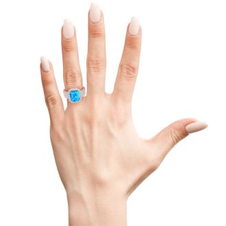 3 3/4 Carat Blue Topaz and Halo Diamond Ring In 14 Karat White Gold