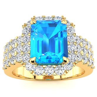 3 3/4 Carat Blue Topaz and Halo Diamond Ring In 14 Karat Yellow Gold