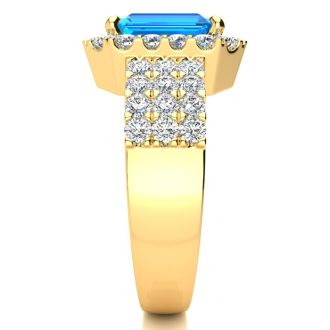 3 3/4 Carat Blue Topaz and Halo Diamond Ring In 14 Karat Yellow Gold