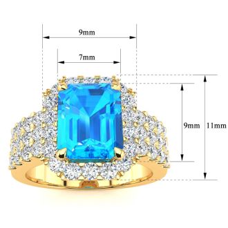 3 3/4 Carat Blue Topaz and Halo Diamond Ring In 14 Karat Yellow Gold