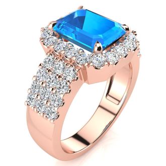 3 3/4 Carat Blue Topaz and Halo Diamond Ring In 14 Karat Rose Gold