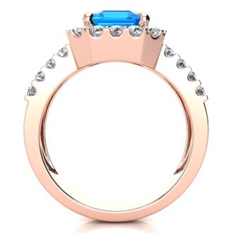 3 3/4 Carat Blue Topaz and Halo Diamond Ring In 14 Karat Rose Gold