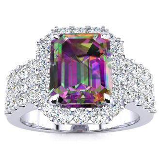 3 Carat Octagon Shape Mystic Topaz Ring With Diamond Halo and Three Rows of Diamonds In 14 Karat White Gold