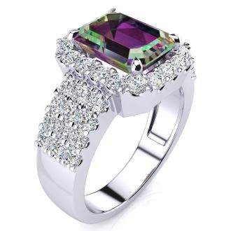 3 Carat Octagon Shape Mystic Topaz Ring With Diamond Halo and Three Rows of Diamonds In 14 Karat White Gold