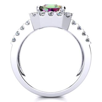 3 Carat Octagon Shape Mystic Topaz Ring With Diamond Halo and Three Rows of Diamonds In 14 Karat White Gold