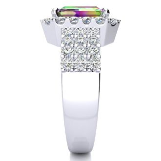 3 Carat Octagon Shape Mystic Topaz Ring With Diamond Halo and Three Rows of Diamonds In 14 Karat White Gold