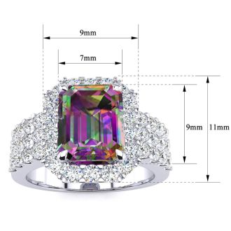 3 Carat Octagon Shape Mystic Topaz Ring With Diamond Halo and Three Rows of Diamonds In 14 Karat White Gold