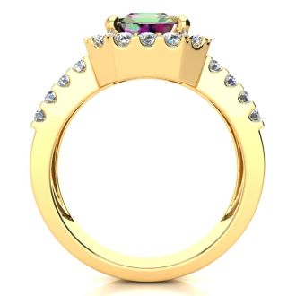 3 Carat Octagon Shape Mystic Topaz Ring With Diamond Halo and Three Rows of Diamonds In 14 Karat Yellow Gold