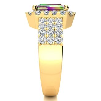 3 Carat Octagon Shape Mystic Topaz Ring With Diamond Halo and Three Rows of Diamonds In 14 Karat Yellow Gold