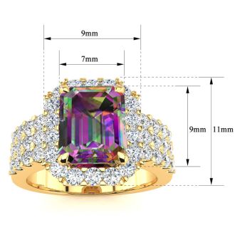 3 Carat Octagon Shape Mystic Topaz Ring With Diamond Halo and Three Rows of Diamonds In 14 Karat Yellow Gold
