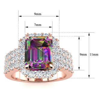 3 Carat Octagon Shape Mystic Topaz Ring With Diamond Halo and Three Rows of Diamonds In 14 Karat Rose Gold