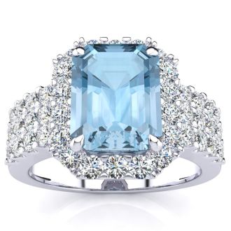 Aquamarine Ring: Aquamarine Jewelry: 3 Carat Aquamarine and Halo Diamond Ring In 14 Karat White Gold