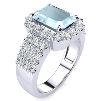 Aquamarine Ring: Aquamarine Jewelry: 3 Carat Aquamarine and Halo Diamond Ring In 14 Karat White Gold